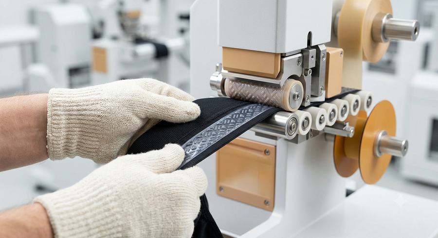 Feeding anti-slip webbing through the coating machine