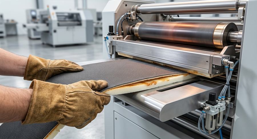Roller lamination of anti-slip fabric